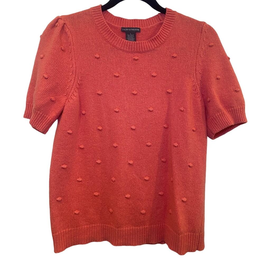 Chelsea and Theodore Coral Pink Short Sleeve Polka Dot Knit Sweater Large Retro